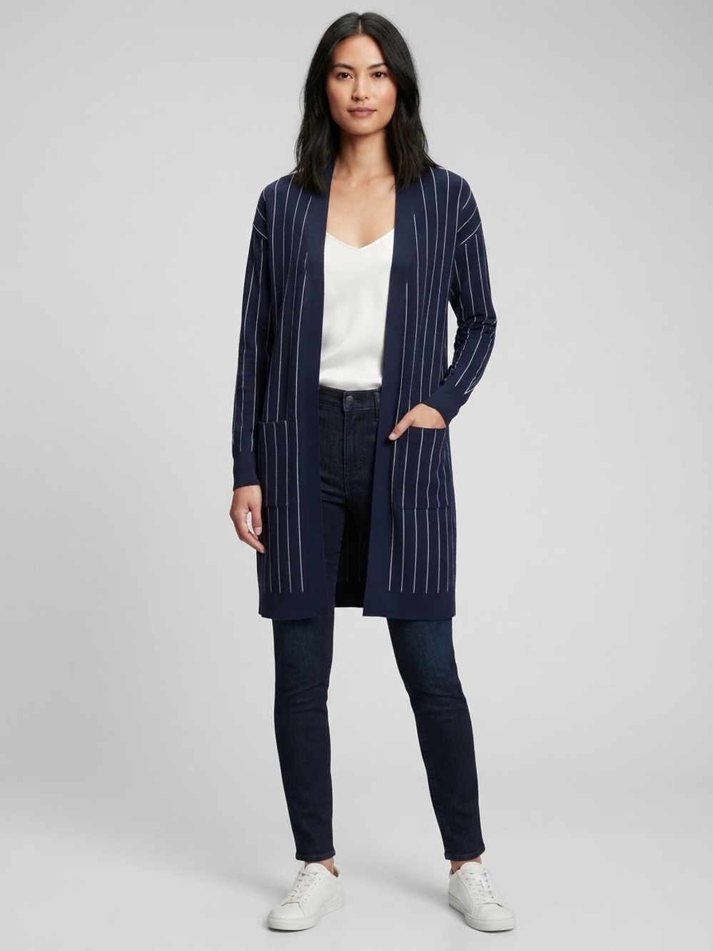 RW&CO Navy Blue Pinstripe Long Open Front Cardigan Sweater M